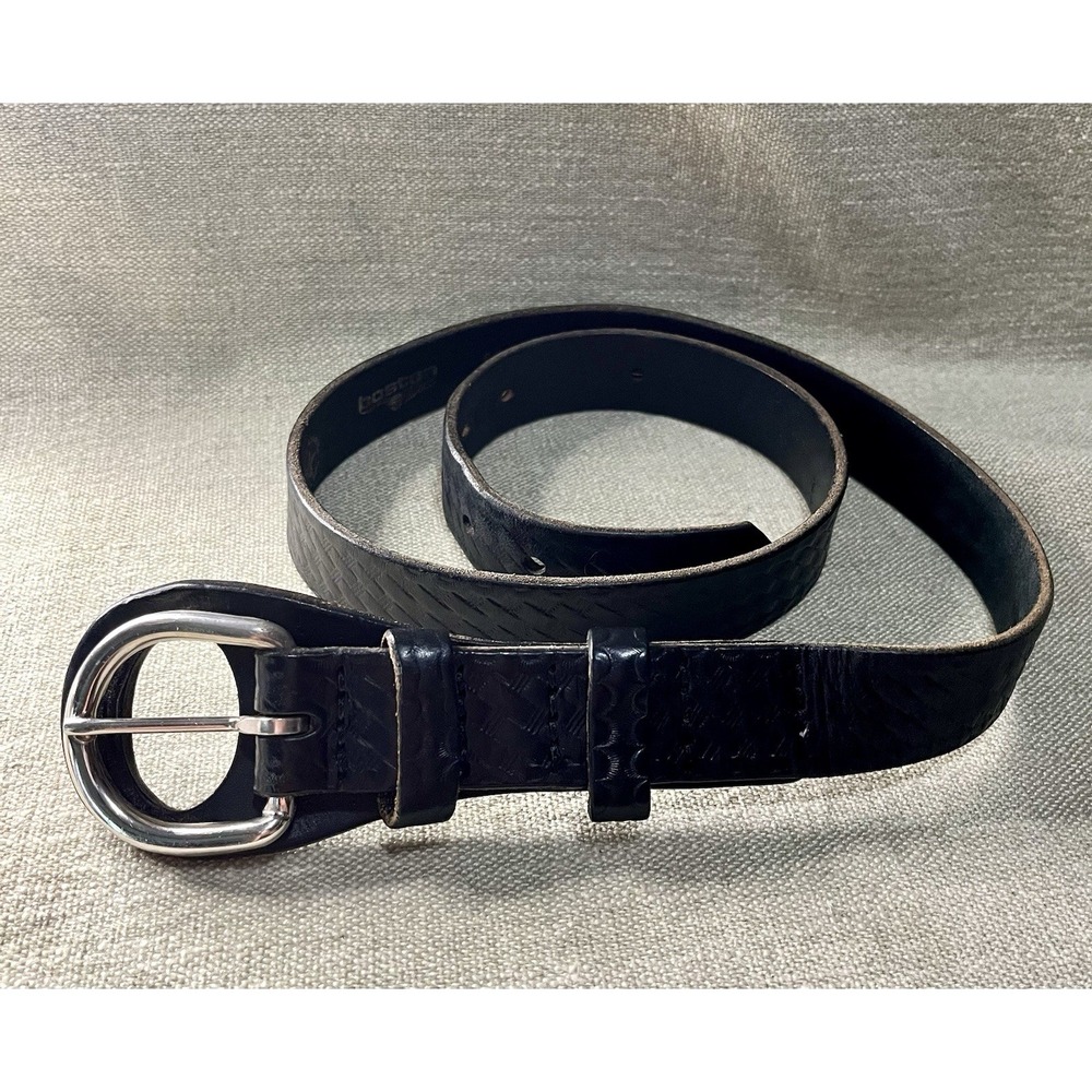 Boston Leather 6580 BP Black Basketweave Belt Mens 36 Made in USA Silver Tone